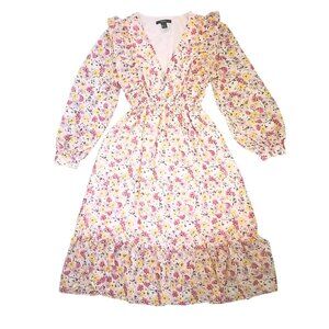 Forever 21 Floral Midi Dress – Long Sleeve V-Neck Ruffle Hem, Size S